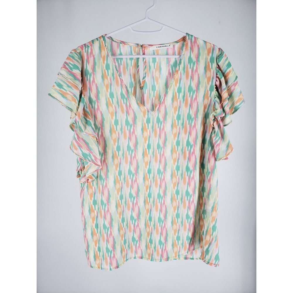Caramela Colorful Pastel Medium Flutter Sleeve Blouse Top V-Neck Loose Fit EUC - Picture 1 of 7